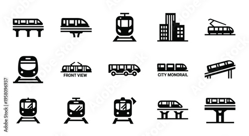 City monorail and urban train icon set showing front and side views of modern railway transport systems for public transit infrastructure in black solid vector design for maps and city planning use