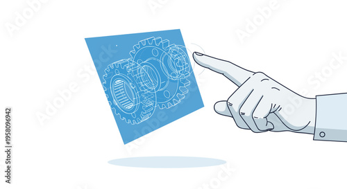 A human hand interacts with a floating blue holographic screen displaying a detailed wireframe diagram of interconnected gears and bearings.