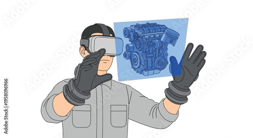 A man wearing a VR headset and dark gloves manipulates a floating blue holographic screen displaying a detailed engine block diagram.