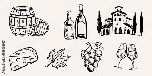 Sketch of wine cheese grapes and a distant italianate landscape