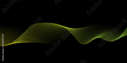 Flowing dots particles wave pattern green and yellow isolated on black, background. Vector in concept of technology, science, music, modern. vector illustration