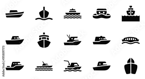 Marine vessel icon set featuring motorboats yachts ships and cargo vessels for maritime transportation and ocean travel collection of nautical silhouette symbols for harbor and shipping industry
