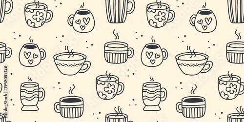 Seamless pattern with various hand drawn coffee cups. Beige background with silhouettes of mugs with a hot drink in doodle sketch style. Coffee shop print, vector graphic