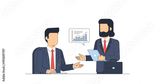 Two businessmen in suits discussing a growth chart on a tablet and laptop, symbolizing business collaboration and analytics