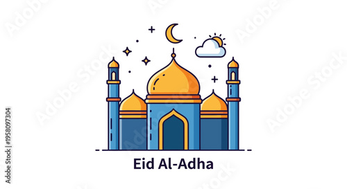 A stylized blue and gold mosque with crescent moon and sun over the Eid Al-Adha celebration