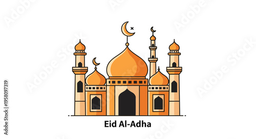 A Vibrant Orange Mosque Illustration Celebrating Eid Al-Adha