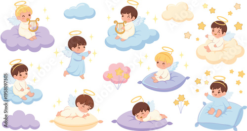 Cute baby angels on clouds with halos and wings, dreamy celestial characters in soft pastel style flat vector illustration set for nursery design