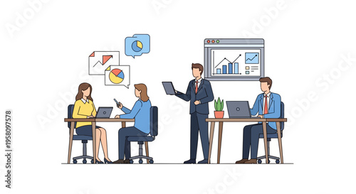 Diverse team collaborating in a modern office setting, presenting business strategy and data analysis on screens and laptops.