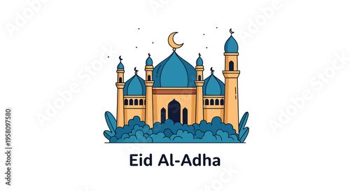 Eid Al Adha celebration featuring a blue domed mosque with crescent moon and stars