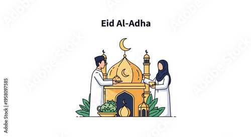 Eid Al-Adha celebration with Muslim couple near mosque and food offering