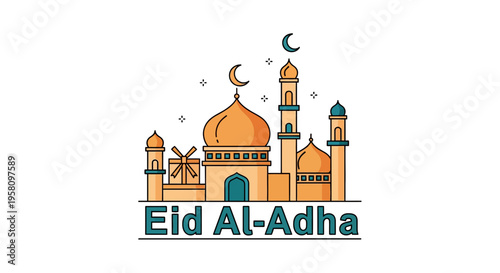 Eid Al-Adha celebration with mosque, gift, and crescent moon design