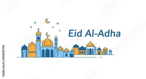 Eid Al-Adha Islamic celebration with a stylized mosque cityscape and celestial elements