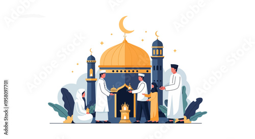 Islamic Eid Celebration with Family and Mosque Gathering
