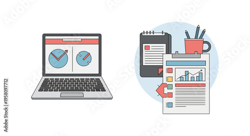 Laptop and report display business analytics charts and data for strategic planning