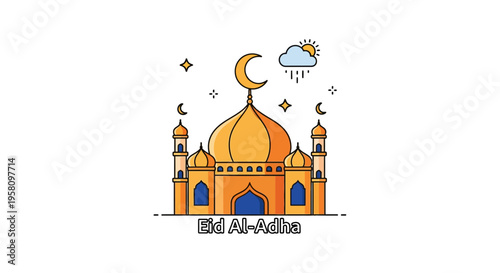 Islamic mosque illustration with crescent moon and stars, celebrating Eid Al-Adha