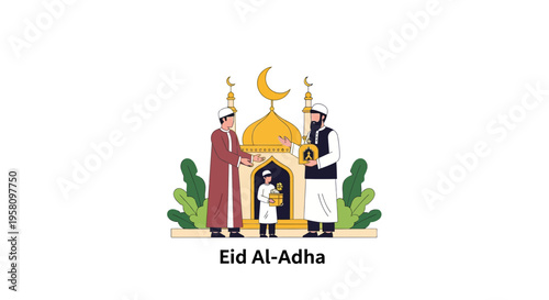 Muslim family celebrating Eid Al-Adha with gifts and mosque illustration