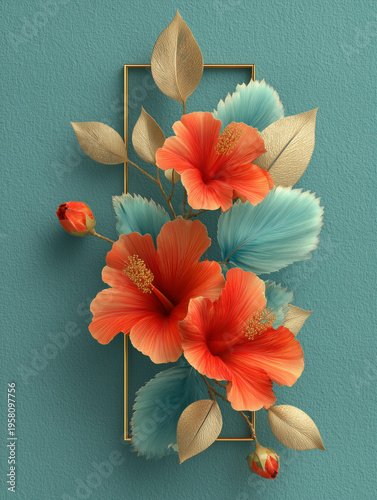 Luxury Coral Hibiscus Floral Frame Background with Teal Leaves and Copy Space