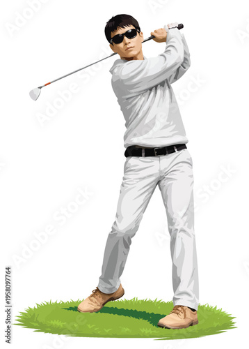 075-36-Golfer hitting golf ball on a tee with club, playing sport