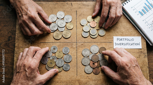Money Portfolio diversification concept with hands sorting different coins on wooden table for money management and investment strategy