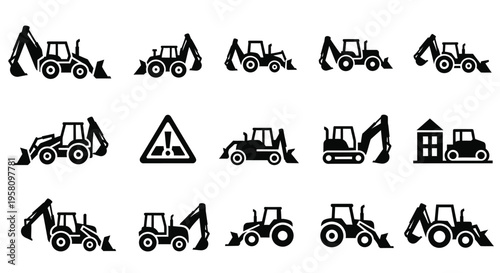 Collection of construction excavators and backhoe loaders, heavy machinery for earthworks and building sites, danger sign included, industrial vehicles set