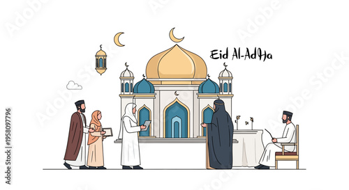 Muslims Gathering for Eid Al-Adha Celebration at a Mosque with Traditional Islamic Architecture and Decor