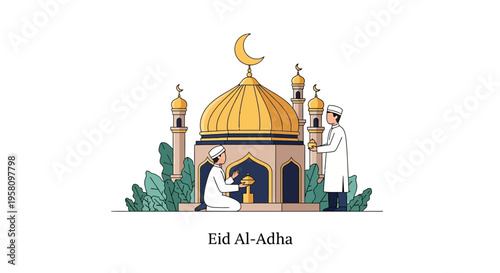Muslim men celebrating Eid Al-Adha at a mosque with crescent moon and minarets