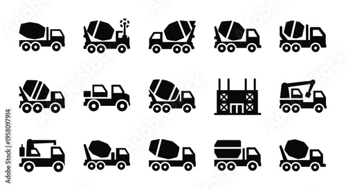 Cement truck icons set for construction logistics featuring various concrete mixers industrial factory silhouettes and heavy transport vehicles for building sites infrastructure and civil projects