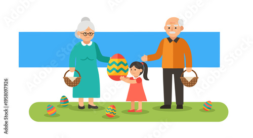 Grandparents and Granddaughter Easter Egg Hunt Flat Vector