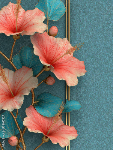 Luxury Coral Hibiscus Floral Frame Background with Teal Leaves and Copy Space