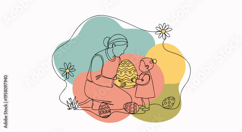 Grandma and Child Easter Egg Discovery Boho Line Art Vector