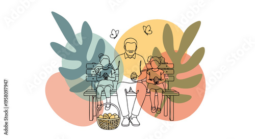 Grandpa Two Grandchildren Easter Bench Boho Line Art Vector
