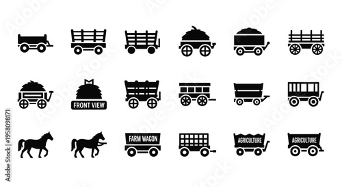 Farm wagon icons set for agricultural transportation equipment featuring horse drawn carriages wooden carts and heavy duty flatbed trailers for harvesting storage logistics and countryside transport