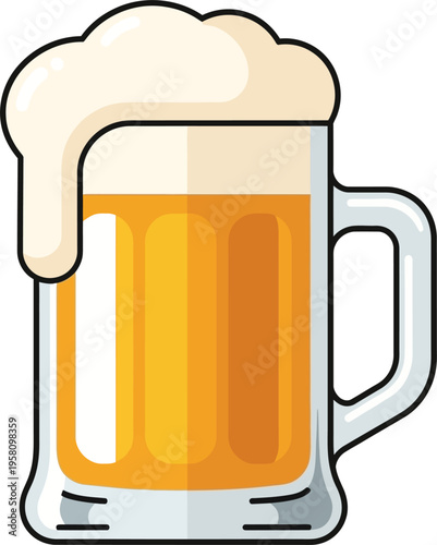 A vibrant cartoon illustration of a classic beer mug overflowing with golden lager and a thick, frothy head of white foam.