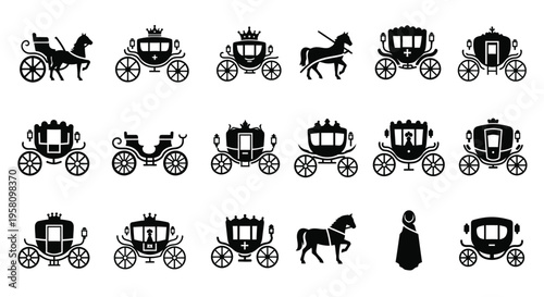 Collection of vintage carriage and horse-drawn vehicle icons. Vector set of royal coaches, baroque carriages, and historical transport symbols.