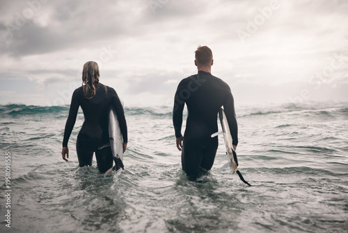 Photography Fitness, surfboard or couple in ocean for practice, water sport or summer training for weekend bonding