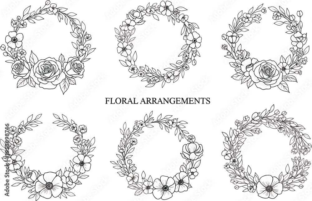 Obraz premium Set of elegant hand drawn floral wreaths and circular arrangements featuring rose line art botanical leaves and spring blossoms for wedding invitations.