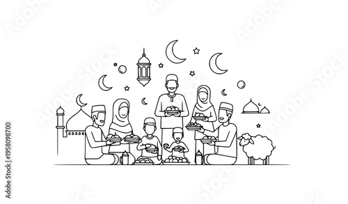 Eid al Adha Family Gathering Thin Line Vector Illustration Islamic Festival Celebration Scene