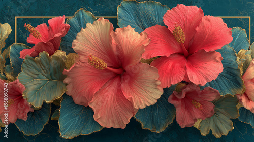 Luxury Coral Hibiscus Floral Frame Background with Teal Leaves and Copy Space