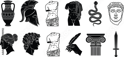 Ancient Greek and Roman silhouette icons featuring marble statues classical columns spartan helmets and mythology symbols vector collection for dark academia and history design.