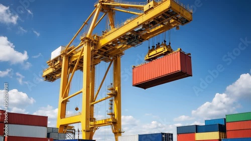 Container crane lifting a cargo container at a busy shipping port, surrounded by stacked freight containers under a clear blue sky. Global logistics, international trade and supply chain concept.