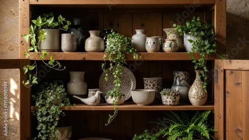 Wooden cabinet displaying decorative objects and greenery