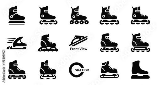Roller skate and winter ice blade footwear collection showcasing multiple designs of professional skating boots and recreational equipment for indoor and outdoor sports activities in vector format