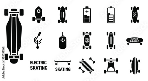 Extensive set of skateboard and longboard icons, including electric models and accessories like remote controls and batteries. Showcasing various styles for sport and personal transportation.