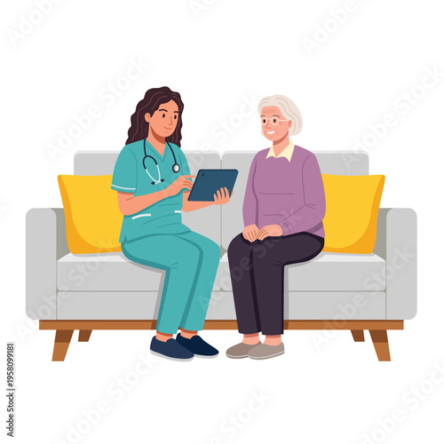 Nurse discussing health information with a senior patient on a tablet