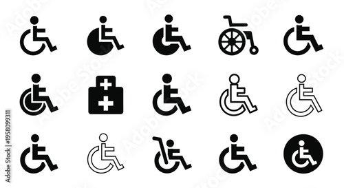 Collection of accessibility and medical symbols including wheelchair icons, first aid kit, and crutch.  Representing disabled person access, healthcare services and mobility assistance equipment.