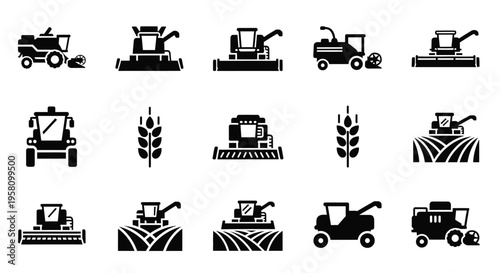 Agriculture harvester machine icons collection showing farming equipment grain wheat stalks and field cultivation symbols for food production and agricultural industry projects isolated on white pack