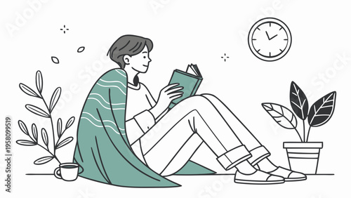 Young Woman Sitting on Floor Reading Book Relaxing Flat Vector Illustration