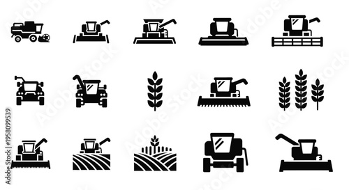 Combine harvester icon set for agriculture industry featuring farming machinery symbols and grain harvest equipment silhouettes isolated on white background for web design and infographic elements