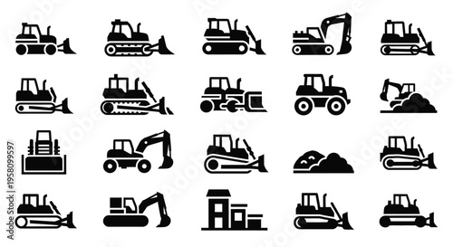 Set of bulldozer and dozer construction machines and heavy equipment icons isolated on white background, vector illustrations of earthmoving vehicles for industry and building