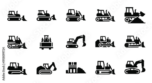 Set of bulldozer and dozer construction machines and heavy equipment icons isolated on white background, vector illustrations of earthmoving vehicles for industry and building